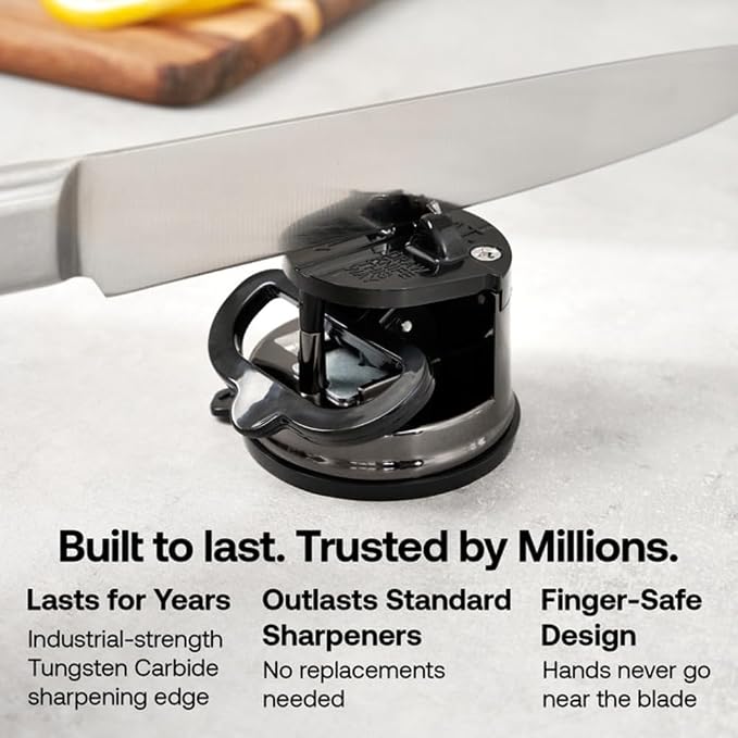 AnySharp – CHEF – Hands Free Knife Sharpener - Easy to Use Sharpening Tool with PowerGrip Suction Base and 20-Degree Pre-set Angle - For All Knives: Chef’s, Serrated, and Hardened Steel - Wolf