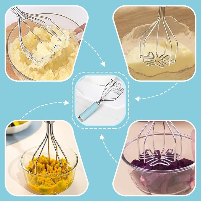 2in1 Potato Masher Kitchen Food Tongs Set - Heavy Duty Stainless Steel Kitchen Tool for Potatoes, Avocados, Beans, or Fruit & Vegetable