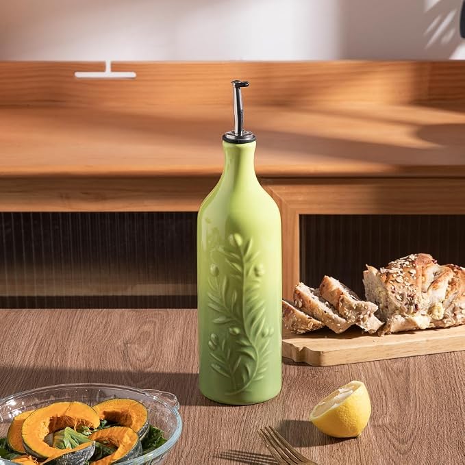 Sweejar Large Olive Oil Dispenser Bottle, 24 Oz Ceramic, Modern Relief Design, Dishwasher Safe, Gradient Green