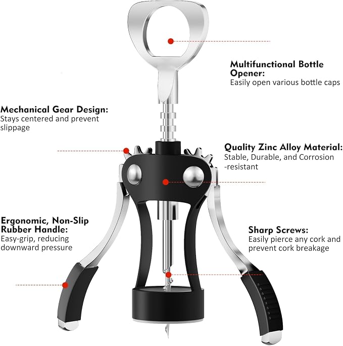 KORCCI Wine Opener, Heavy-Duty Zinc Alloy Wing Corkscrew, Premium Beer Bottle Opener, Multifunctional Wine Accessories with Ergonomic Handle and Sharp Screw, for Kitchen, Bar, Restaurant (BLACK)