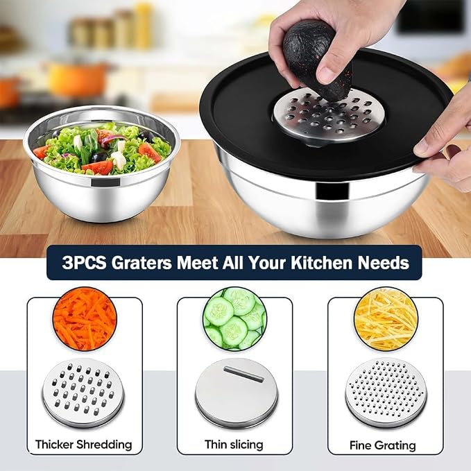 Mixing Bowls with Lids Set, Stainless Steel (Black-7 Sizes) | 3 Grater Attachments, Nesting, Dishwasher Safe, for Cooking, Baking and Serving , 7 Sizes (0.7-4.5QT)