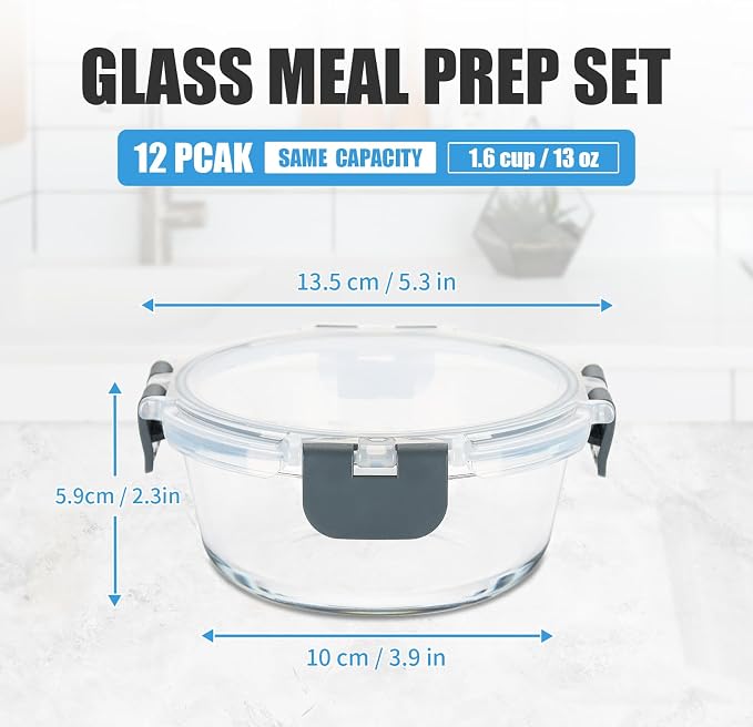 GULFLIN 12 Pack Small Glass Food Storage Containers with Lids Airtight, 13oz Leak-Proof Meal Prep Containers Set, Freezer to Microwave Safe, Dishwasher Safe | Portion Control, Glass Meal Prep Containers, Particularly for Single Servings, Easy to Clean,...