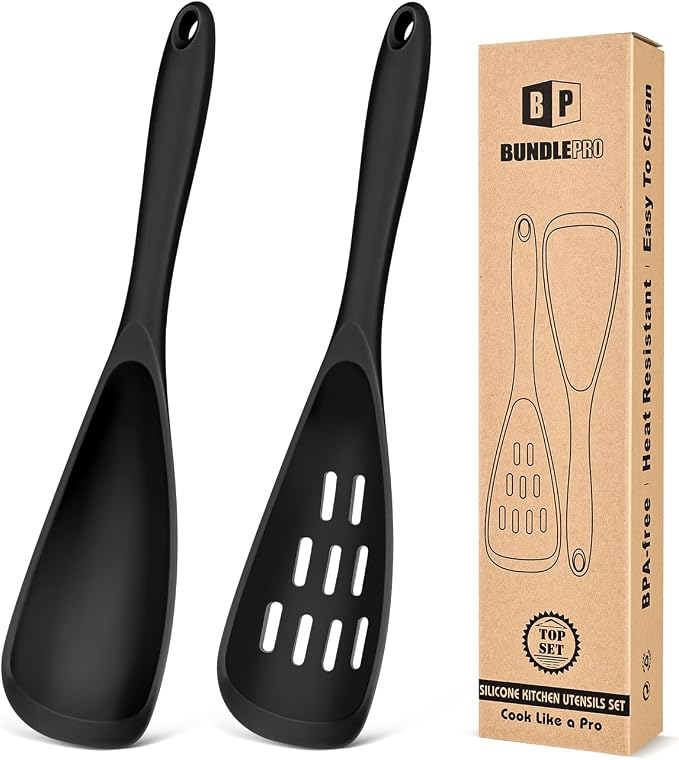 Pack of 2 Cooking Spoons for Non Stick Cookware, Multifunction Spatula Spoon BPA-Free, One-Piece Design, Suitable for Scooping, Scraping, Serving and Mixing(BLACK)