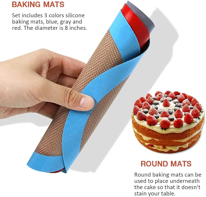 Round Silicone Baking Mat for 8 Inch Cake Pan, 3 Pack | Non-stick, Heat-resistant, Reusable, For Oven, Toaster, Baking Pan, Air Fryer