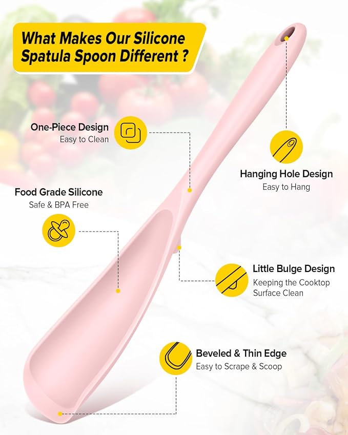 Pack of 2 Cooking Spoons for Non Stick Cookware, Multifunction Spatula Spoon BPA-Free, One-Piece Design, Suitable for Scooping, Scraping, Serving and Mixing (PINK)
