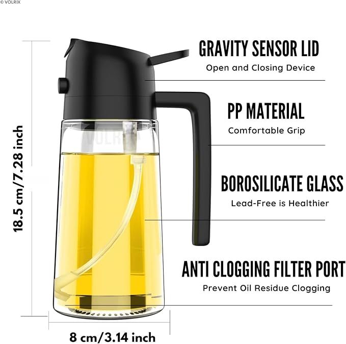 Oil Spray Bottle for Cooking, Premium Glass 2 in 1 Oil Dispenser for Kitchen, Food Grade Oil Sprayer Containers with Nozzle, Oil Bottle for Air Fryer, Roasting and Frying 500 ML