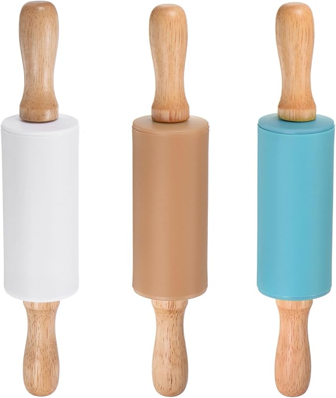 HARFINGTON 3pcs Silicone Rolling Pins for Baking 9.25 Inch Non-Stick Silicone Surface Wooden Handle Rolling Pin Small Roller Playdough Rolling Pins for Dough Pizza, White/Brown/Blue