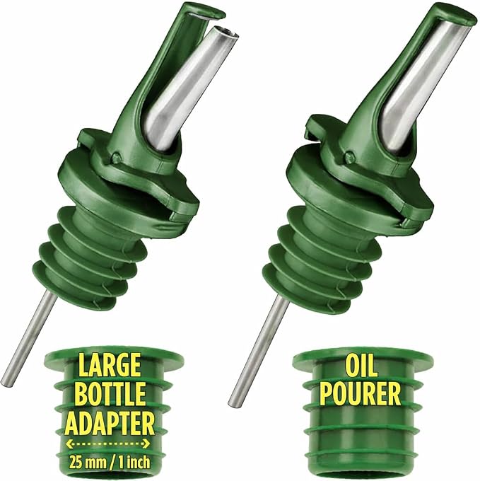 AIRTIGHT Olive Oil Pour Spout for Olive Oil Dispenser - UK Patented Oil Pourer - Hygienic One Handed Open Close Mechanism Keeps Oil Fresh. Dust Caps Cover | Screens Alternative - Green 2 PCs