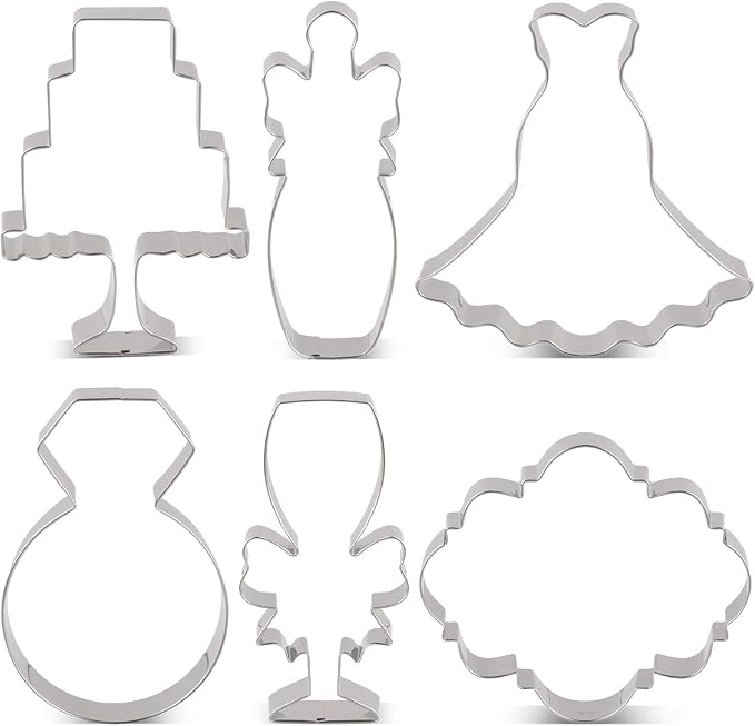 LILIAO Wedding Cookie Cutter Set for Anniversary/Bridal/Engagement - 6 Piece - Diamond Ring, Wedding Dress, Cake, Plaque, Champagne with Ribbon and Champagne Glass with Ribbon - Stainless Steel