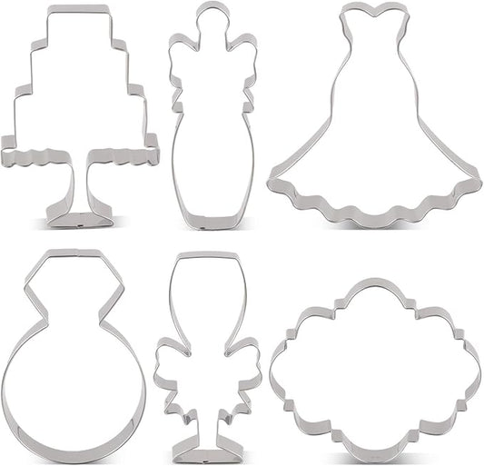 LILIAO Wedding Cookie Cutter Set for Anniversary/Bridal/Engagement - 6 Piece - Diamond Ring, Wedding Dress, Cake, Plaque, Champagne with Ribbon and Champagne Glass with Ribbon - Stainless Steel