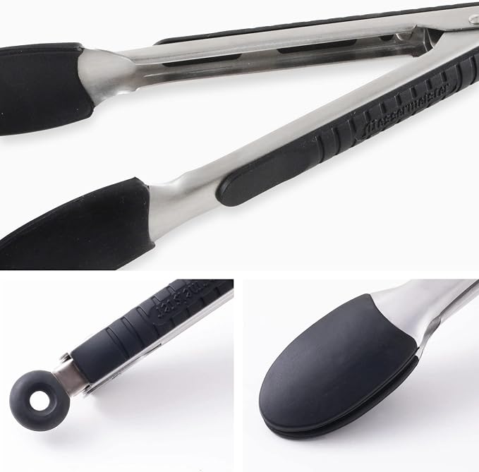 Messermeister Silicone Coated Locking Tongs, 9” - Black - Stainless Steel Rivet & Non-Slip, Silicone Tip & Handle - Heat Resistant Up to 430 Degrees Fahrenheit - Dishwasher Safe