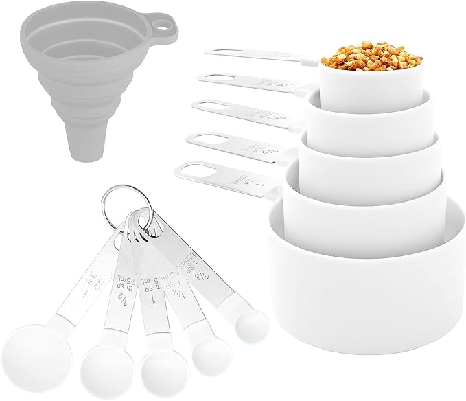 Measuring Cups and Spoons Set of Huygens Kitchen Gadgets 10 Pieces, Stackable Stainless Steel Handle Measuring Cups for Measuring Dry and Liquid Ingredient (White)