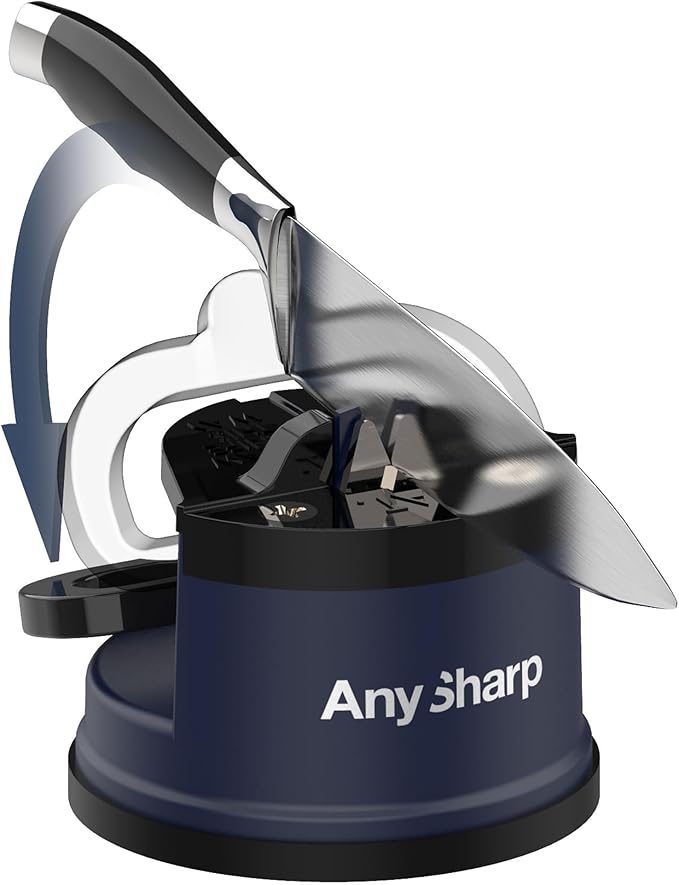AnySharp – Editions – Hands Free Knife Sharpener - Easy to Use Sharpening Tool with PowerGrip Suction Base and 20-Degree Pre-Set Angle - for All Knives: Chef's, Serrated, and Hardened Steel - Navy