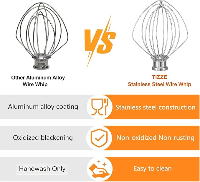 K45WW Whisk Attachment for KitchenAid 4.5 & 5 Qt Tilt-Head Mixers - Dishwasher Safe 6-Wire Stainless Steel Whip - Upgraded Heavy Duty Design for Fast Whipping Cream, Eggs, Frosting