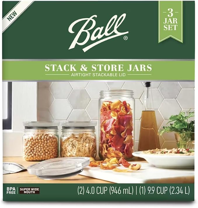 Ball 3 Jar Set, Stack & Store Jars with Airtight Stackable Lid, (2) 4 Cup and (1) 9.9 Cup