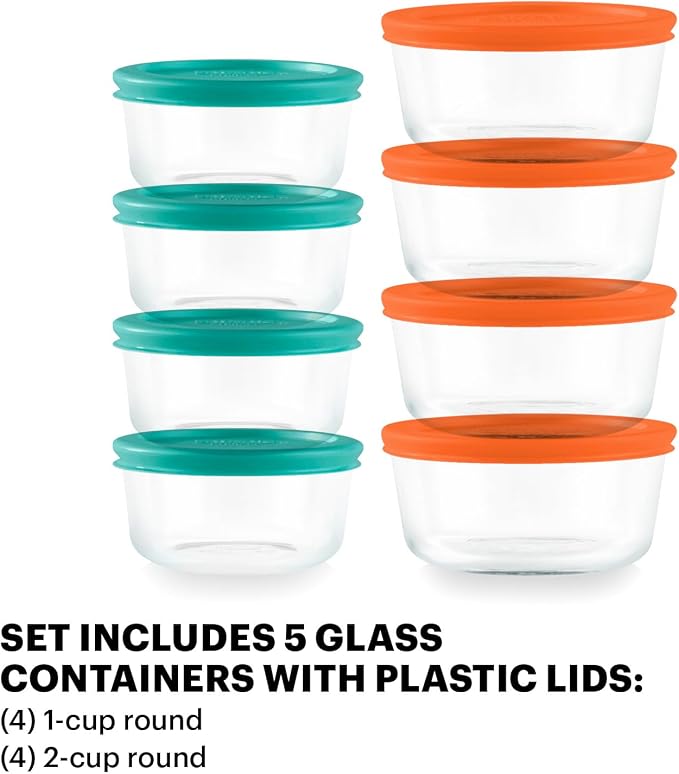 Pyrex Simply Store (8-Pack) Small Glass Food Storage Containers Set | Meal prep containers (1 & 2 cup) with BPA-free plastic lids, dishwasher & microwave safe