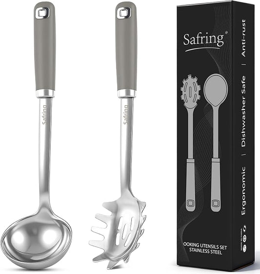 Safring Stainless Steel Soup Ladle and Spaghetti Spoon Set, Heat Resistant Rubber Handle, Dishwasher Safe, Kitchen Utensils for Cooking, Stirring, Serving Pasta, Soup & Sauce (Gray)
