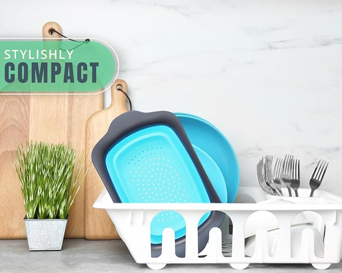 Comfify Blue XL Collapsible Silicone Over Sink Colander – 6 Quart | Blue; extends 25" to span sink; both hands free; collapses flat; 6 Qt; heat resistant 176F; pasta, veg, fruit