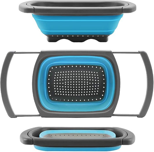 Qimh Colander Collapsible, Colander Strainer Over the Sink Food Colanders Strainers with Extendable Handles, 6-Quart, Dishwasher-Safe Kitchen Folding Strainer for Pasta, Veggies and Fruits