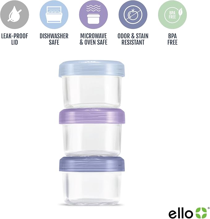 Ello Color Lock 4oz Glass Condiment Containers with Lids, 3 Pack, Purple Rain