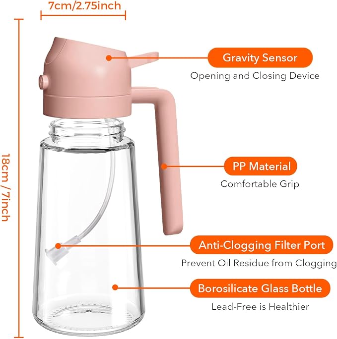 YARRAMATE 16oz/470ml Glass Olive Oil Sprayer for Cooking with Stickers, 2 in 1 Oil Dispenser for Kitchen Gadgets, Food Grade Premium Spray Bottle for Salad, Frying, BBQ (PeachPink)
