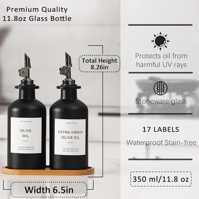 HOMCDALY Olive Oil Dispenser for Kitchen, 12oz Glass Kitchen Dispenser Bottle, Black Oil&Vinegar Cruet Set, Leakproof Olive Oil Bottles | Set of 2 (12oz – Black)