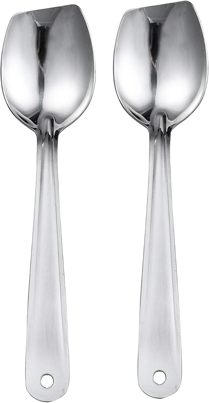 IMEEA 10-Inch Flat Bottom Solid Cooking Spoon Set of 2, 18/8 Stainless Steel Scraping Spoon for Stirring, Roux, Sauces, Cast Iron & Skillet Cooking
