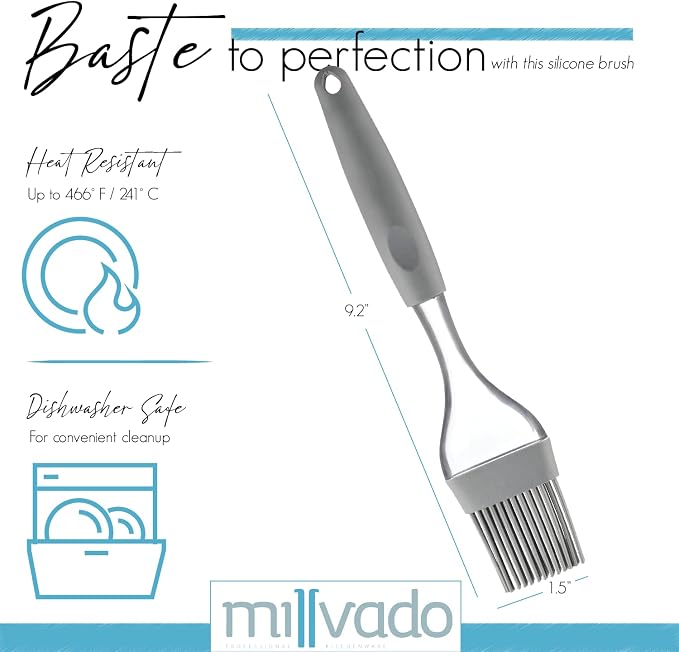 Millvado Silicone Basting Brush: Heat Resistant Cooking Brush for Oil and Sauce - Flexible Food Brush - Dishwasher Safe Basting Brush for Cooking – Gray Silicone Pastry Brush/BBQ Brushes for Sauce