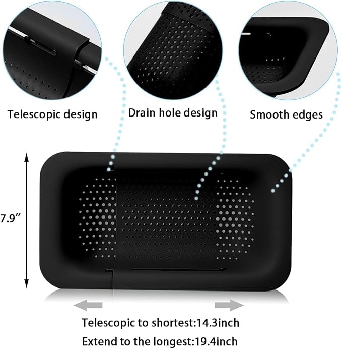 KesaPlan Collapsible Sink Colanders and Strainers Basket Extendable Plastic Fruit Vegetable Strainer Drainer Basket for Kitchen (Length 13.6 inch-18.7 inch) (Black Set of 2)