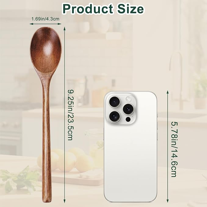 7PCS Wooden Spoons for Eating, 9.3Inch Large Wooden Ladles for Mixing Stirring Tasting and Baking, Extra Long Handle Spoons for Serving Pasta and Big Bulk Cooking Utensils Set