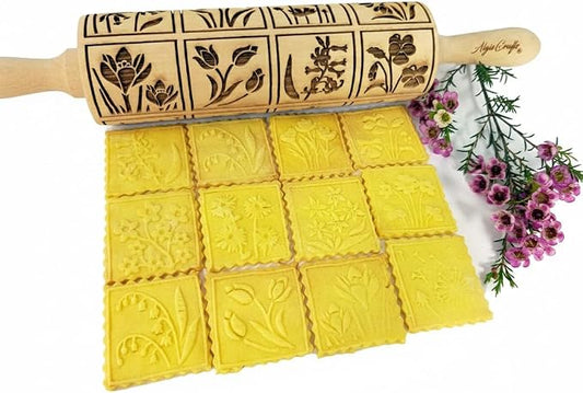 SPRING FLOWERS Embossing Rolling Pin with 16 Different Flowers in Squares. Dough and Clay Roller for Embossed Cookies and Pottery. Cookie and Ceramic Stamp. Baking Gifts for Women by Algis Crafts