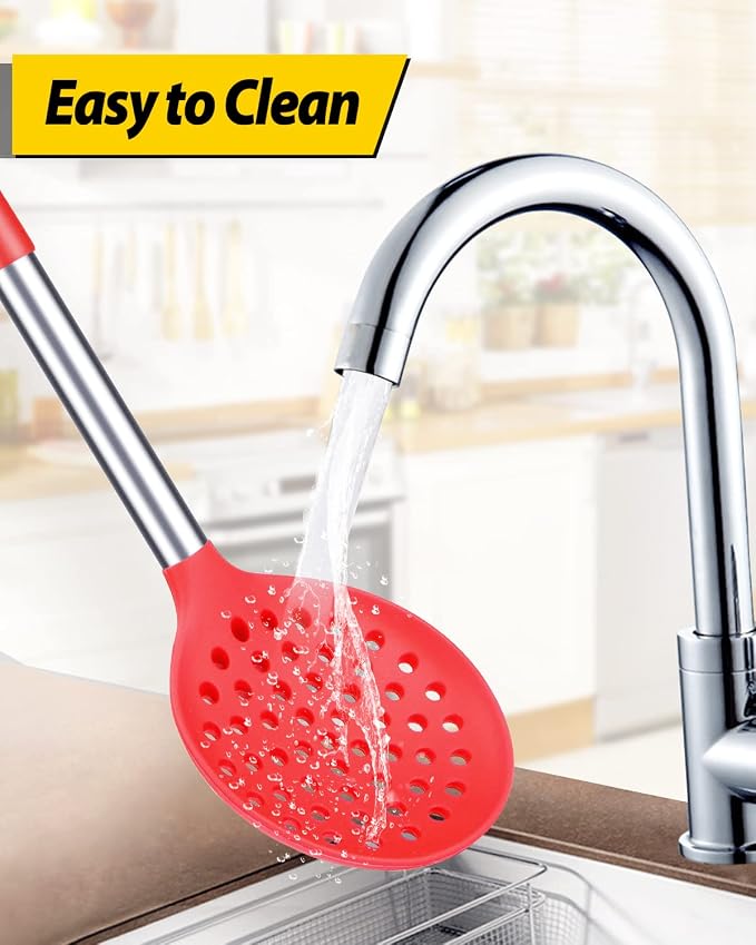 Silicone Kitchen Ladle Strainer, Black-Red, 2 Pack | Slotted Spoon, High Heat Resistant, BPA Free, Non Stick, Ideal for Draining and Frying
