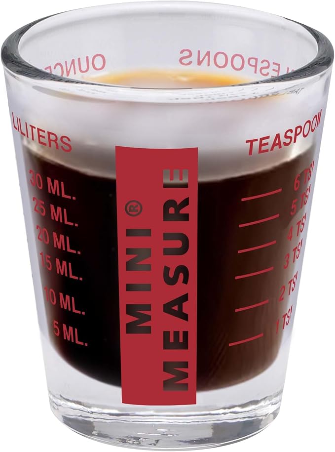 Kolder Mini Measure Heavy Glass, 20-Incremental Measurements Multi-Purpose Liquid and Dry Measuring Shot Glass, Red