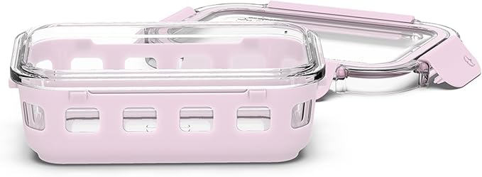 Ello Duraglass 1.75 Cup Glass Meal Prep Container with Lid, Pink Cashmere | 1.75 cup glass meal prep container with silicone sleeve, leakproof BPA-free lid, microwave, freezer and dishwasher safe