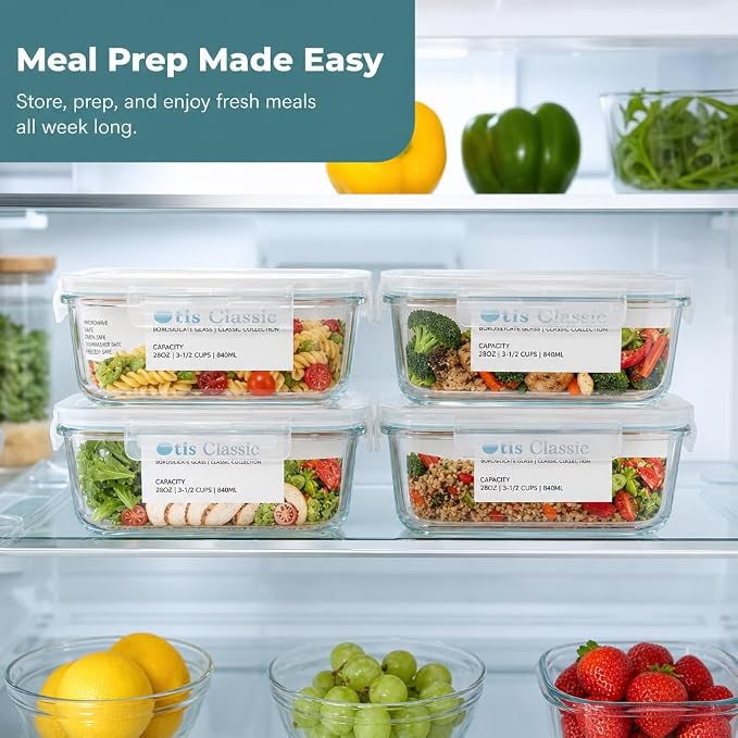 Glass Food Storage Containers, 4pk-28oz, Transparent Lids | Locking Lids, Meal Prep Containers, 1 Compartment, BPA Free and Dishwasher Safe