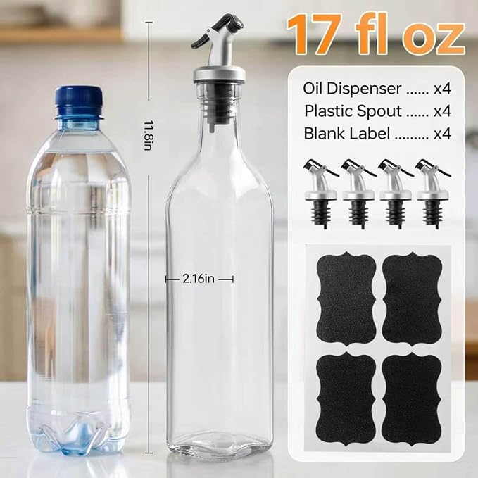 4 Pack 17 oz (500ml) Clear Glass Oil & Vinegar Dispenser Bottles, Leakproof Set with 4 Pour Spouts & 4 Labels, Kitchen Tools for Salad, BBQ, Air Fryer Cooking