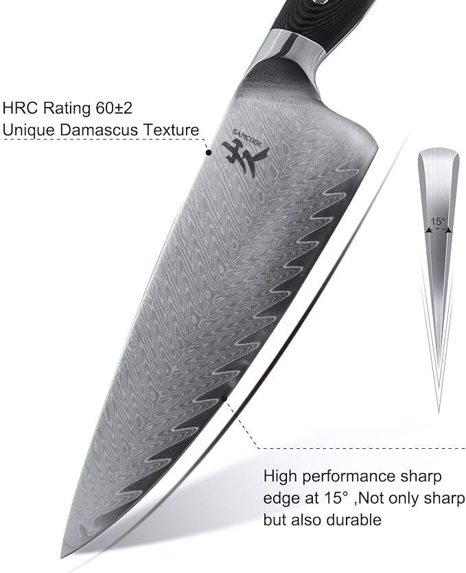 SAMCOOK Damascus Chef Knife - 8 Inch Professional Sharp Kitchen Knife,VG-10 High Carbon Stainless Steel Gyuto Cooking knife - Ergonomic Micarta Wood Handle with Gift Box