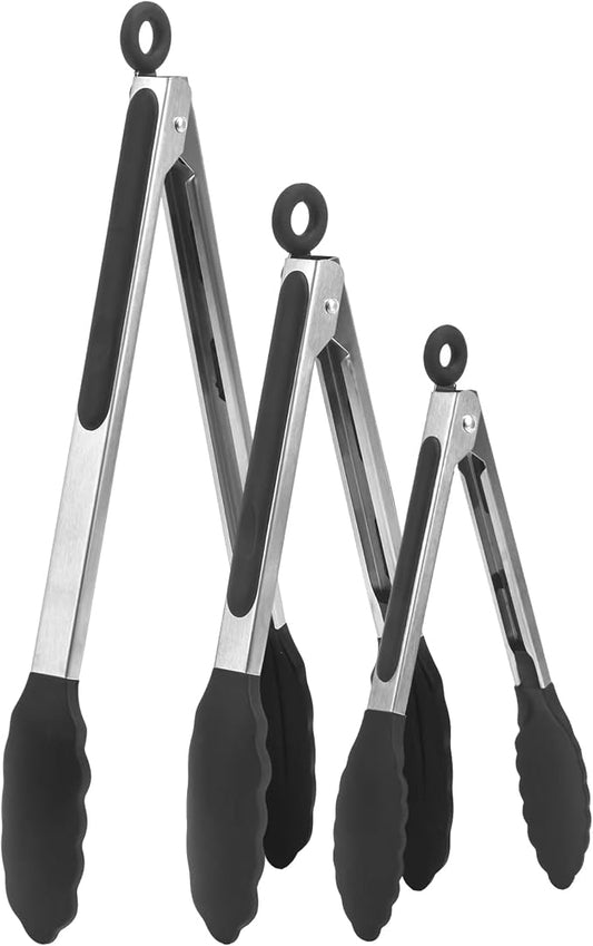 Kitchen Tongs for Cooking Locking Silicone Stainless Steel Buffet Serving Tongs, 7,9 and 12 Inch Non-stick,Heat Resistant 3 Pack