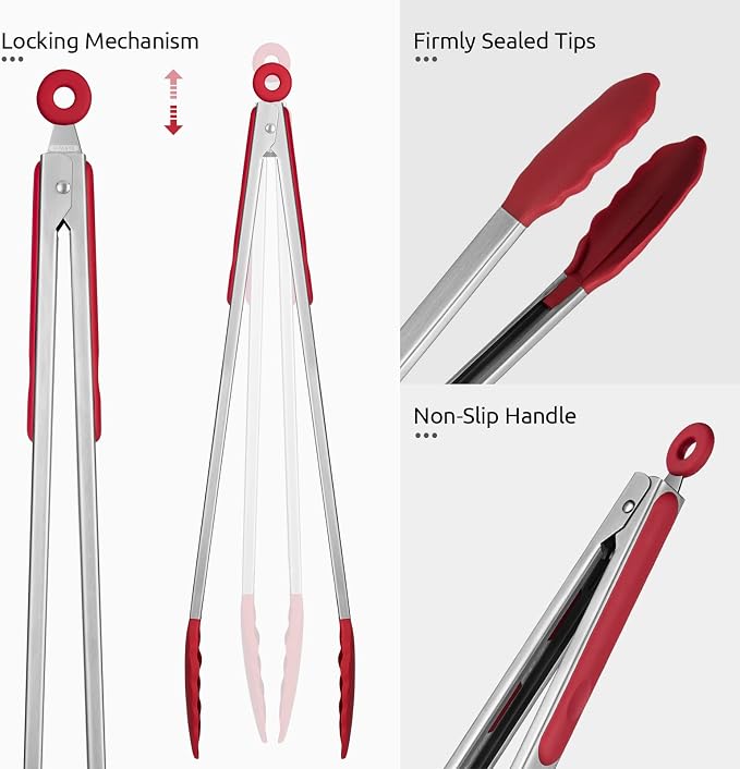 600ºF Heat Resistant Kitchen Tongs: U-Taste 16 inch Extra Long Large Silicone Cooking Tong with Sturdy Non Stick Rubber Tips & Non Slip Silicon Coated 18/8 Stainless Steel Handle for Grilling BBQ(Red)