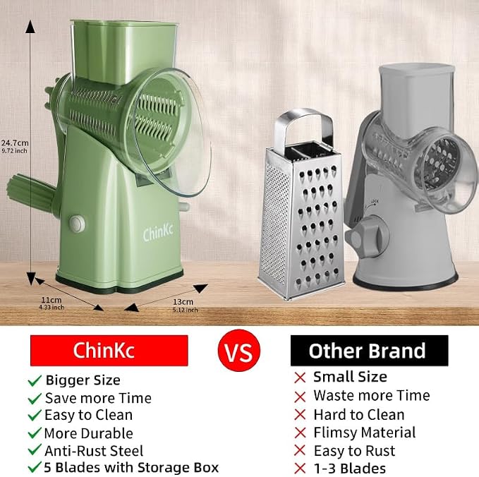 Upgrade Rotary Cheese Grater Shredder with Handle, Strong Suction Base, Multi-purpose Rotary Grater Slicer with 5 Interchangeable Blades for Ice, Vegetables, Fruit, Nuts with Blade Storage Box