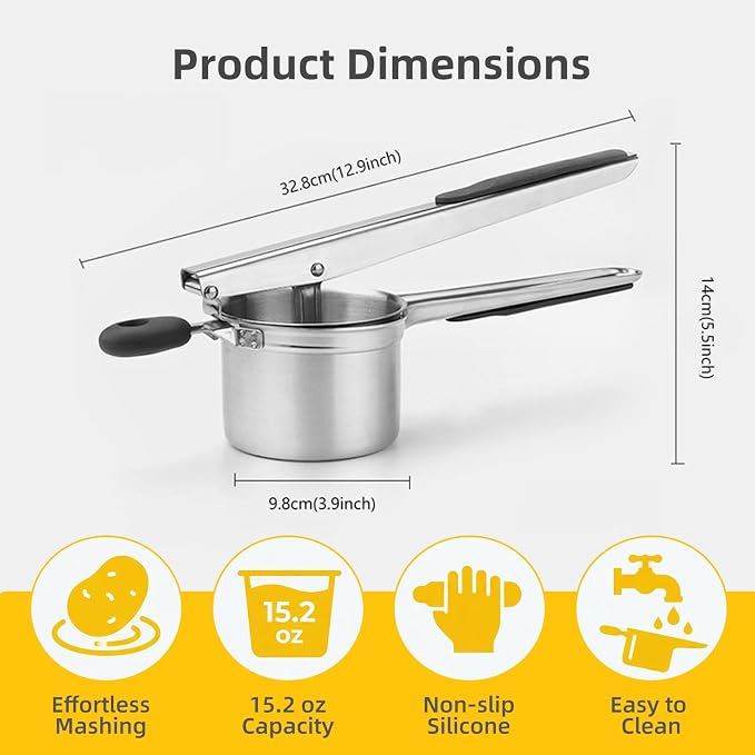 Stainless Steel Potato Ricer, Deep Bowl Potato Masher with Non-Slip Silicone Handle, Easy-Clean Durable Multi-Purpose Mashed Potato Ricer for Potatoes, Tomatoes and Soft Fruits(PR-01)