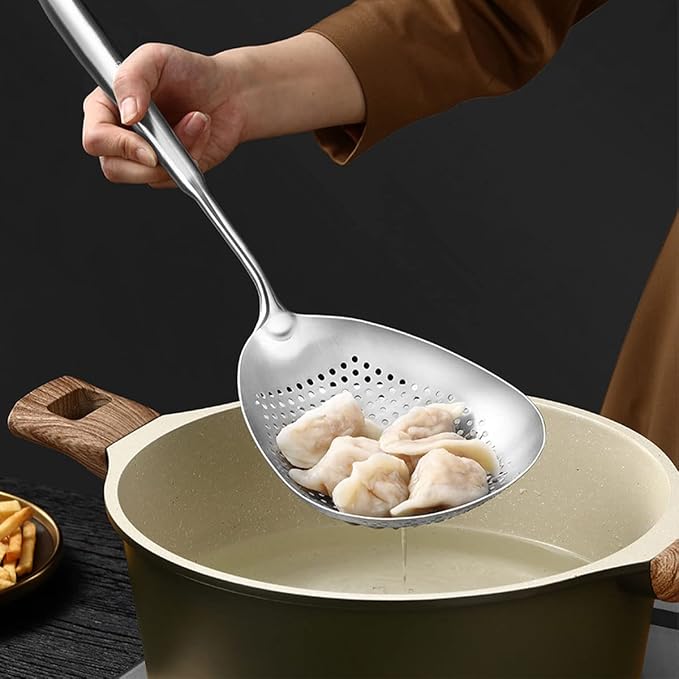 SiXi SS 304 Stainless Steel Kitchen Skimmer Slotted Spoon,Strainer Ladle with Handle for Pasta,Spaghetti,Frying Food and noodles Colander