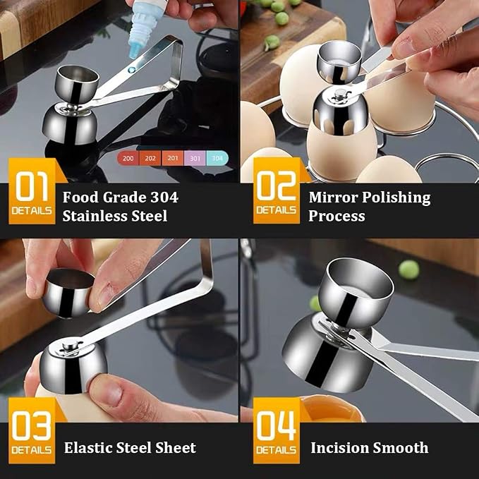 Stainless Steel Egg Cracker Separator, Topper & Opener for Raw, Soft or Hard Boiled Eggs