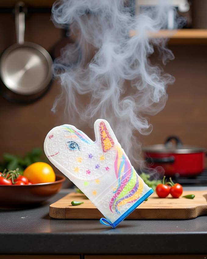 Glitter Magic Unicorn Silicone Oven Mitt - Funny Oven Mitts - Heat Resistant Kitchen Glove, Soft Silicone, Quilted Fabric Lining