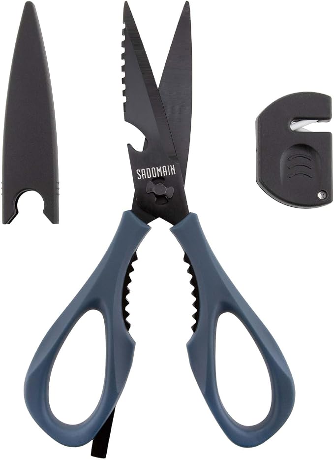 Kitchen Scissors All Purpose, Extra Sharp Kitchen Shears with Knife Sharpener & Sheath, Solid & Durable Stainless Steel Scissors with ANTI-RUST Black Titanium Plated, Dishwasher Safe - Blue