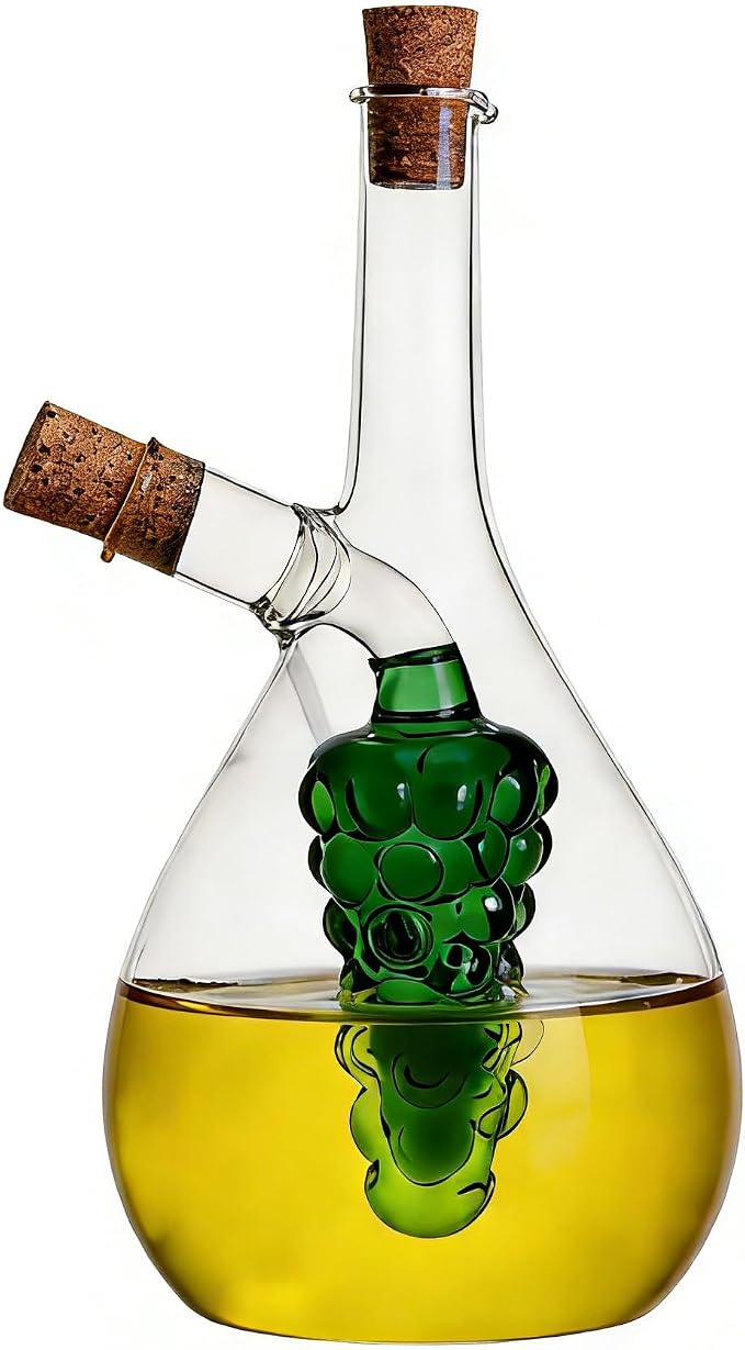 ELETON Grape Motif 2 in 1 Glass Oil and Vinegar Dispenser – Dual Chamber Cruet Bottle for Olive Oil & Balsamic, Leakproof Kitchen Container with Cork Stopper