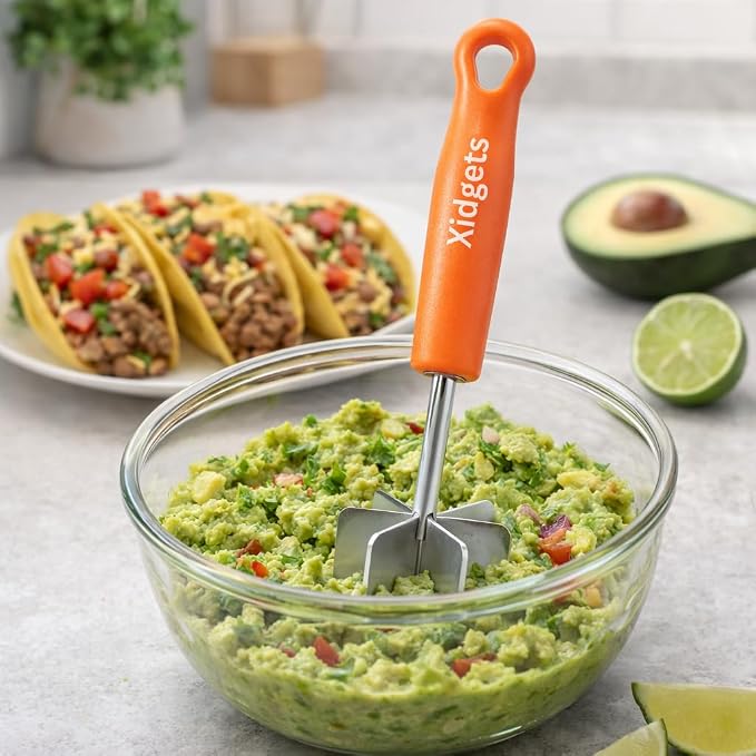 Stainless Steel Mini Meat Chopper & Cocktail Muddler| 6-Blade Chopper Tool | Small Smasher | Compact Ergonomic Handle | Dishwasher Safe - 7" (Retro Orange Mini)