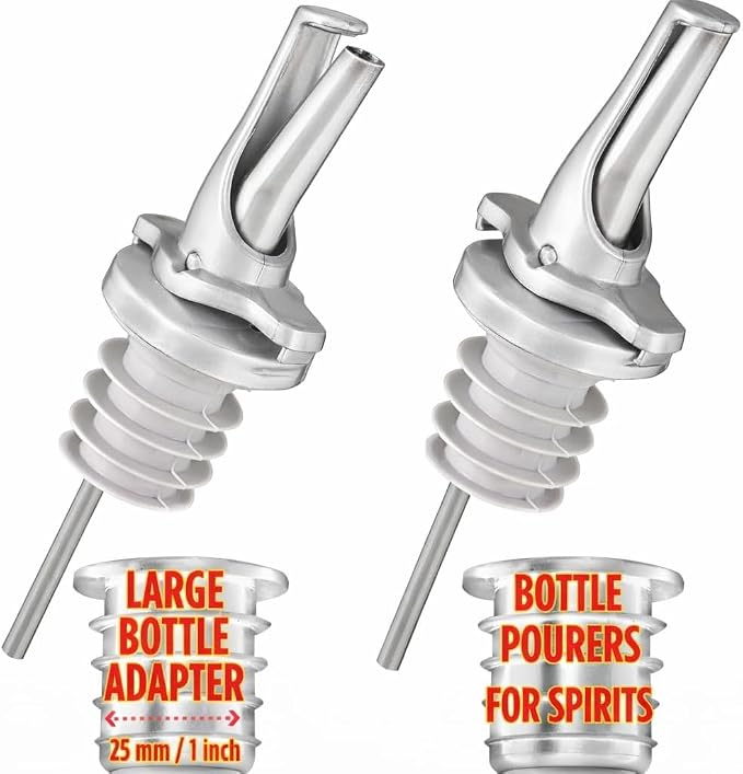 3-in-1 Airtight Liquor Bottle Pourers & Olive Oil Spouts with Built-in Caps | BPA Free & Dishwasher Safe Alcohol Pour Spouts - Also for Olive Oil - Silver 2 Pack with 2 Adapters for Large Bottles