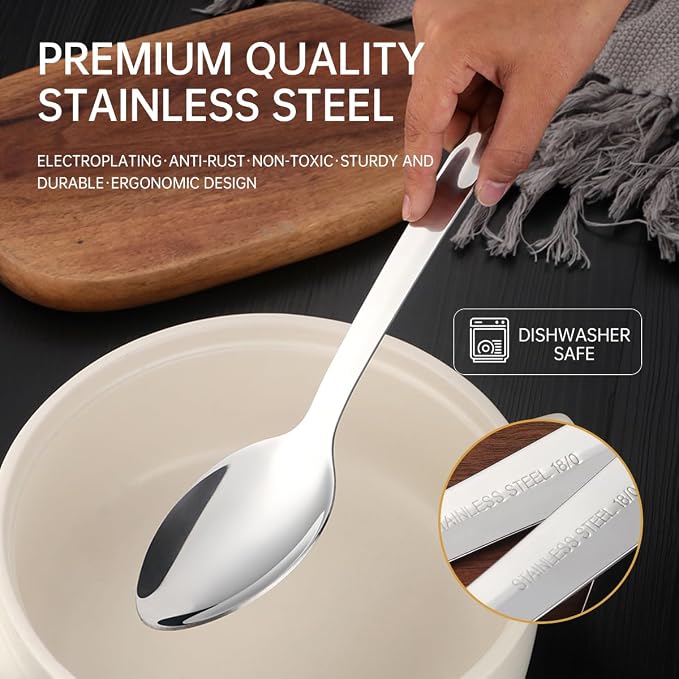 13-Inch Large Stainless Steel Serving Spoons Set, Long Handle Buffet Utensils, Dishwasher Safe (Silver, 6 piece)