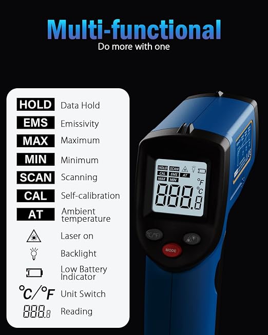 Infrared Thermometer Laser Temperature Gun, Digital Surface Heat Temp Gun Non-Contact for Cooking Food, Pizza Oven, Griddle Meat, Refrigerator, HVAC, Grill, Engine -58℉~752℉